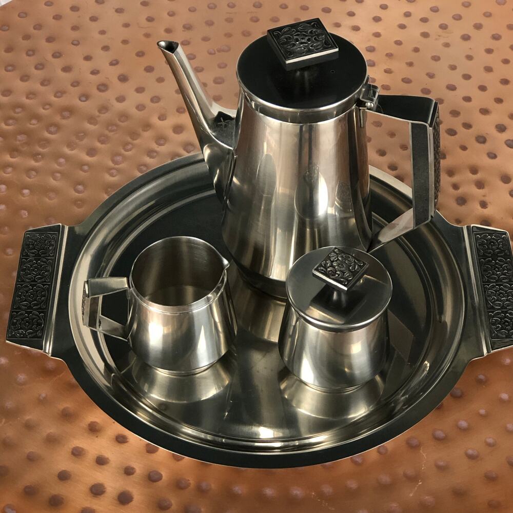 Mid Century Stanley Roberts Velvet 18-8 Stainless Coffee Tea Set with Tray Japan